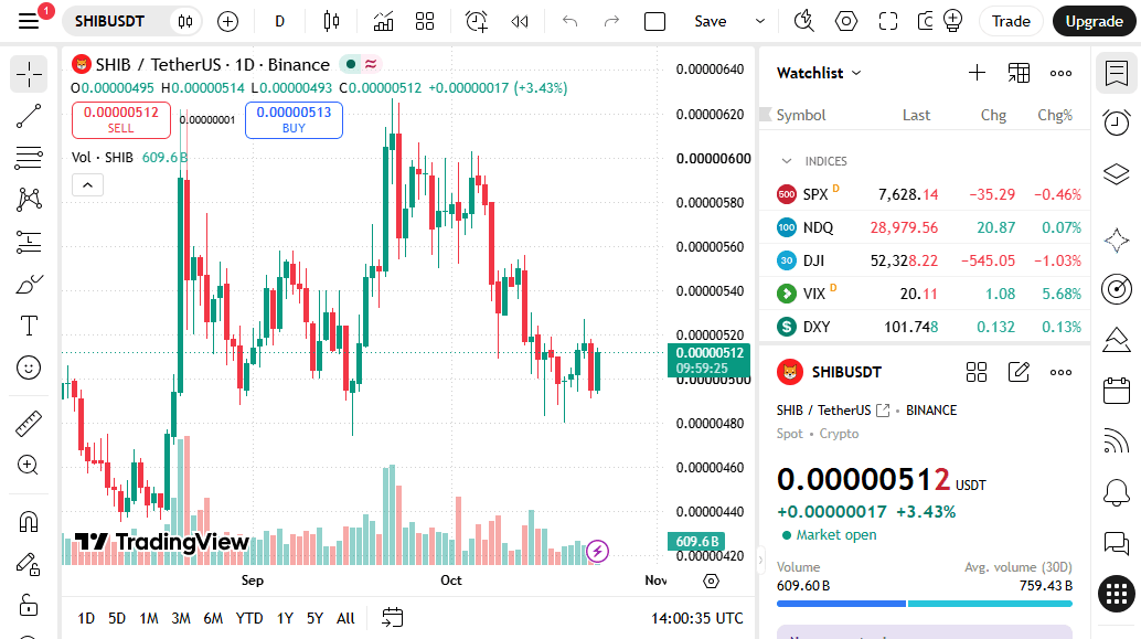 The same SHIB/USDT daily chart on TradingView, with no drawings added. Source: TradingView, Binance feed, 23 Oct 2026.
