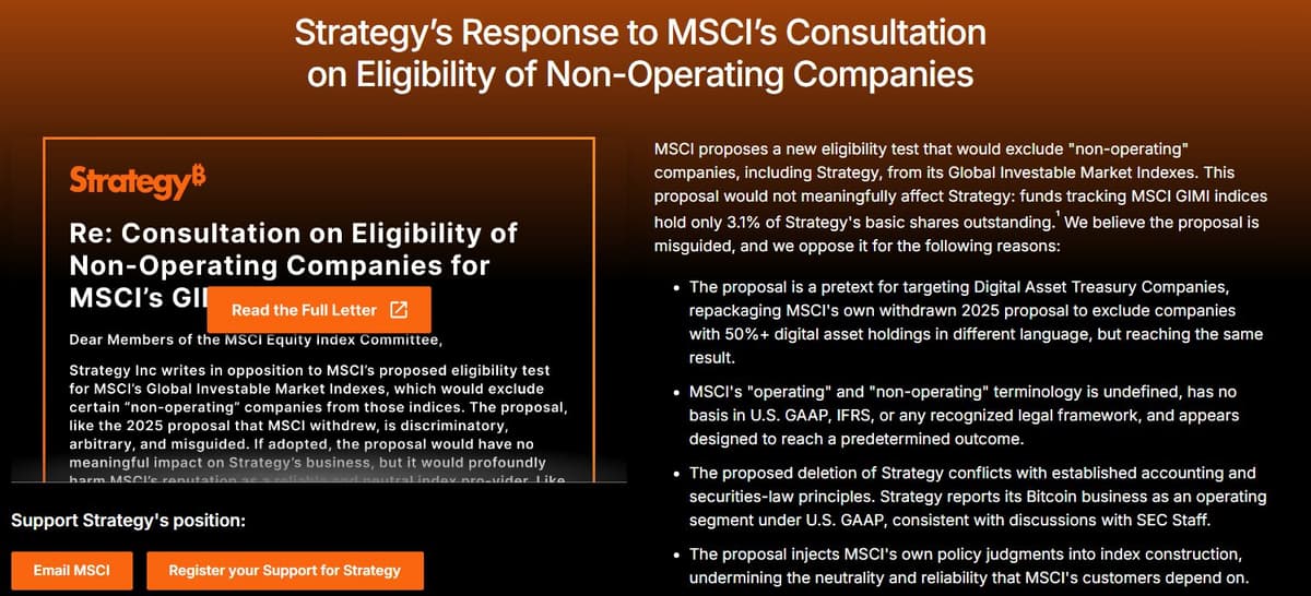 Strategy's response page to the MSCI consultation, stating that funds tracking MSCI indices hold only 3.1 percent of its basic shares outstanding