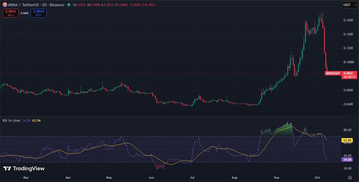TradingView daily chart of MINA/USDT on Binance showing a rise from 0.04 to 0.17 and a sharp reversal, with the RSI pane near 34 at the bottom