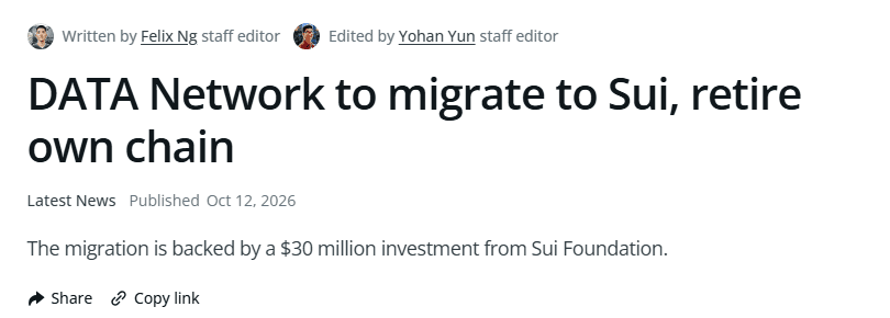 Cointelegraph article headline reading DATA Network to migrate to Sui, retire own chain, published October 12, 2026, with the subtitle that the migration is backed by a 30 million dollar investment from Sui Foundation