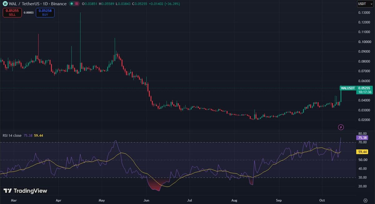 TradingView daily chart of WAL/USDT on Binance from March to October 2026 showing a fall from about 0.09 in May to a base near 0.021 in August, a slow climb, and a tall green candle on October 14 near 0.0525 with RSI at 75.38