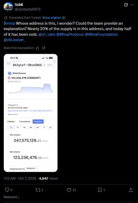 Ssbii's post on X asking who owns an address with nearly 20% of MINA supply, with a Minascan screenshot showing a 24-hour balance range from 247.6 million to 123.2 million MINA