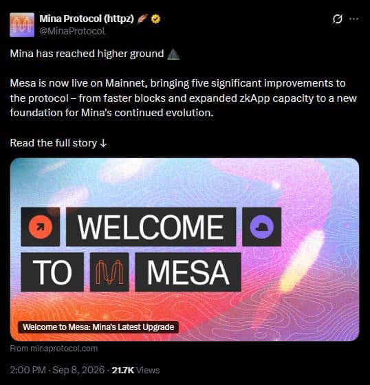 Mina Protocol post on X from September 8, 2026 announcing that Mesa is now live on mainnet with faster blocks and expanded zkApp capacity