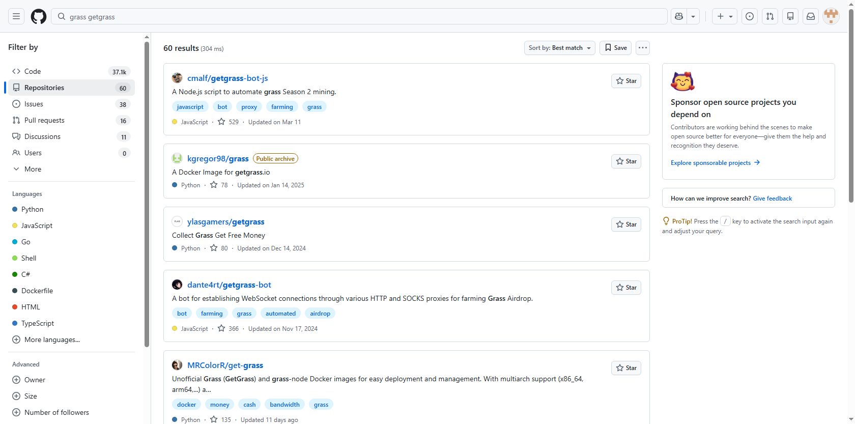 GitHub search results for Grass token showing unofficial farming bot repositories instead of an official protocol repository
